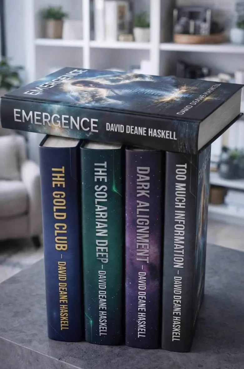Fiction book collection by David Deane Haskell including Emergence, Dark Alignment, The Gold Club, and Too Much Information