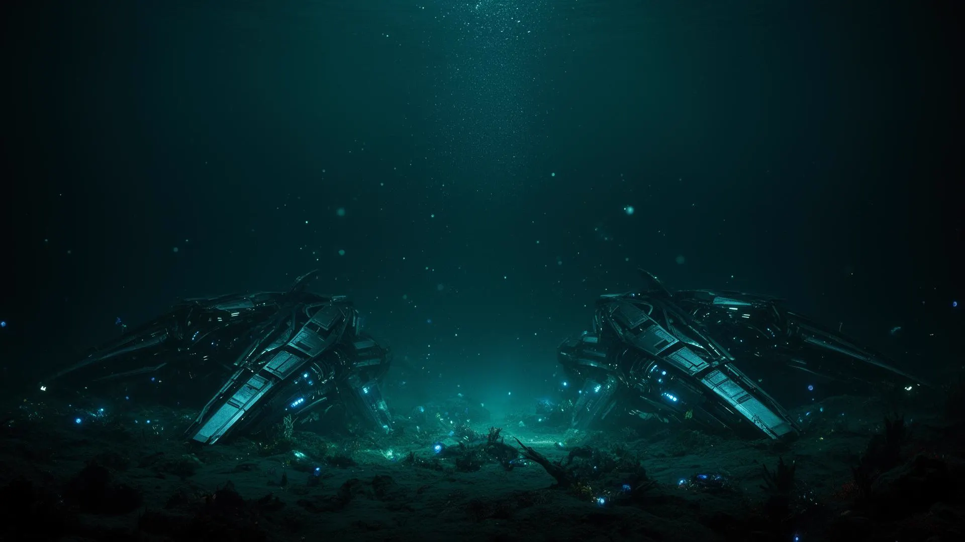 Atmospheric deep-ocean science fiction scene evoking consciousness, technology, and survival